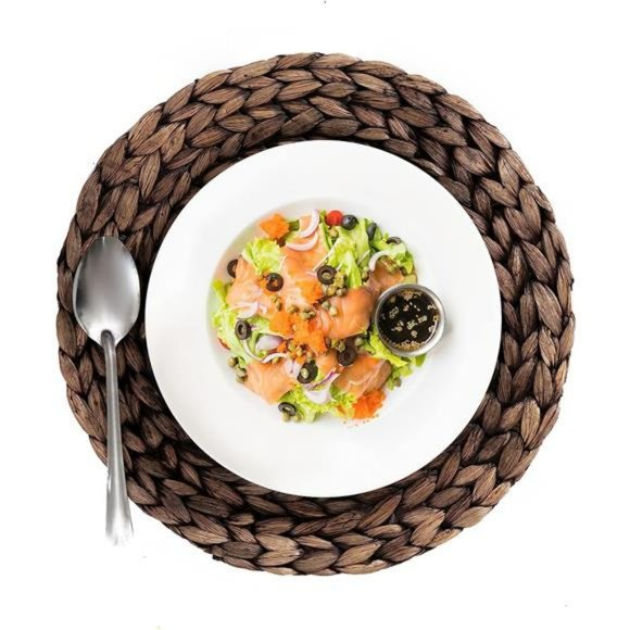12 inches Woven Placemats Round Set of 6 with Decorative Round Holder, (Black) - Picture 6 of 7
